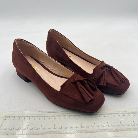 YDN Brown Block Low Heel Loafer Square Toe Tassel Fringe Pump Slip On Dress Shoe - Picture 4 of 8